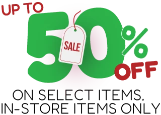 Up to 50% off on select items, in-store items only.